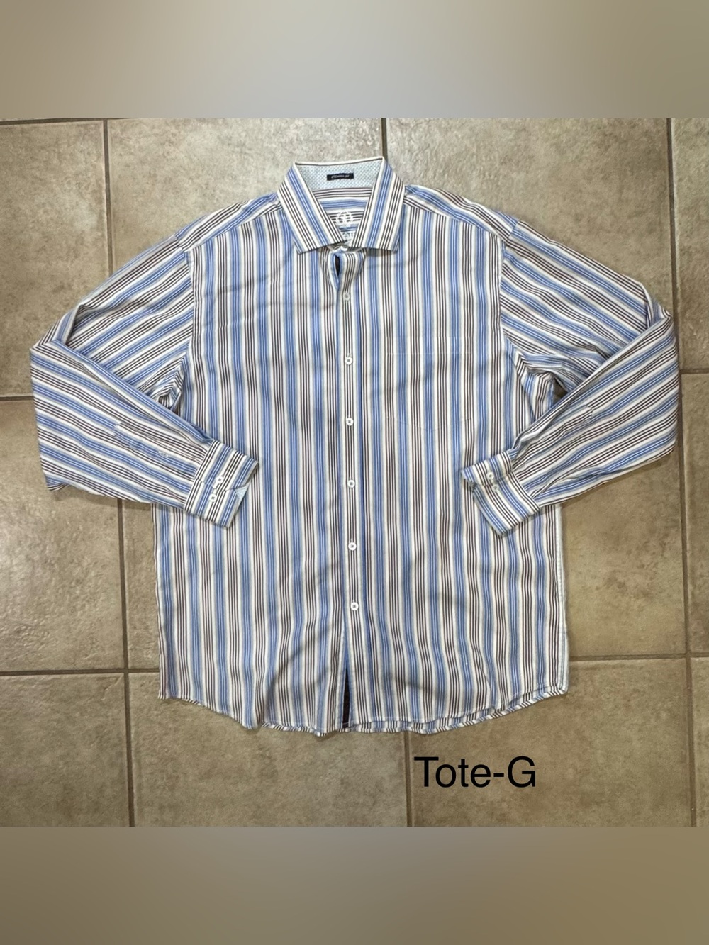 Bugatchi Blue,White and Brown Striped Men's Dress Shirt Size Large